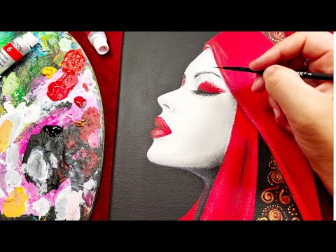 Видео: 🎨 Пошаговая Акриловая Картина: Женщина в Красной Накидке с Вышивкой 🌹✨