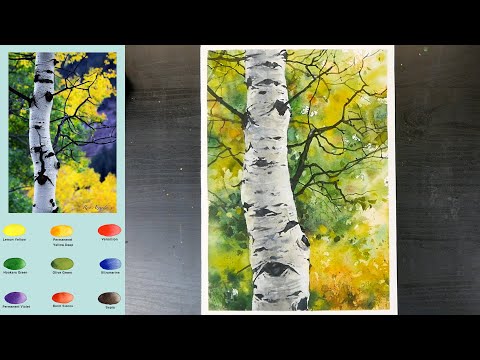 Видео: Без эскиза Пейзаж Акварель - Белая береза (3X скорость, вид названия цвета)