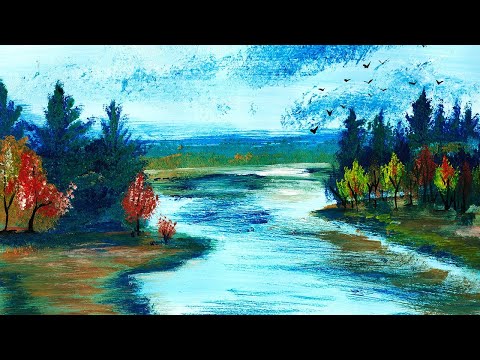 Видео: Как нарисовать осень легко. Как нарисовать пейзаж гуашью. Рисуем реку. Правополушарное рисование.