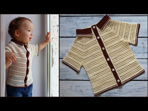Видео: Детская рубашка крючком | Летняя кофточка для мальчика крючком