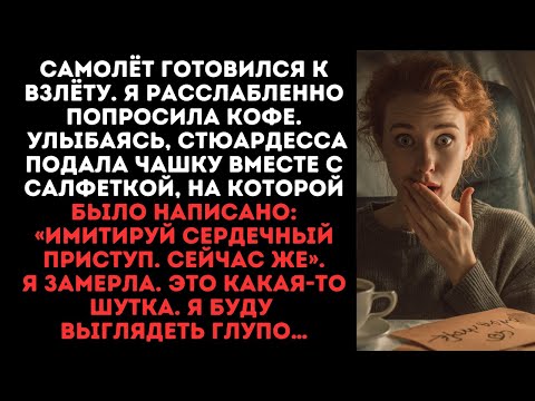 Видео: Улыбаясь, стюардесса дала чашку с салфеткой, на которой было написано:«Имитируй сердечный приступ"