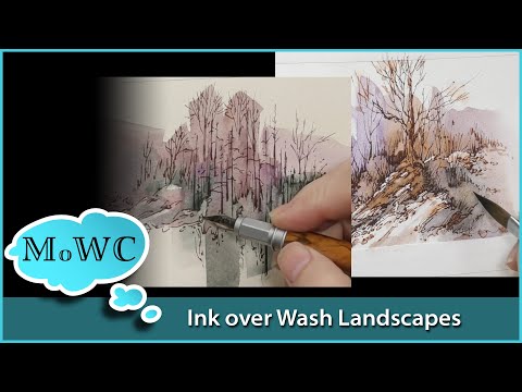 Видео: Акварельный пейзаж, нарисованный тушью по размывке. Быстро. Просто. Удовлетворительно. Чернила цв...