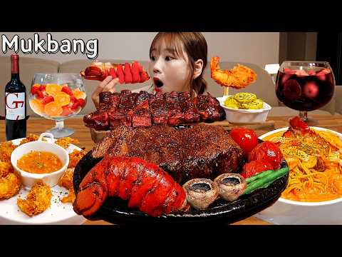 Видео: Sub)Real Mukbang- Стейк из лобстера 🥩🦞 Паста, свиные ребрышки 🍖 Креветки в кокосе 🍤 Сангрия 🍷ASMR