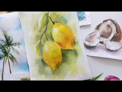 Видео: Рисуем лимоны акварелью. Рисуем акварелью. Бесплатные уроки рисования. Watercolor painting tutorial