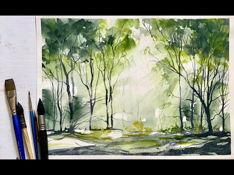 Видео: Простой НАЧИНАЮЩИЙ Лесной пейзаж СОЛНЕЧНЫЕ ЛУЧИ Акварельный пейзаж, демонстрационный урок по рисо...