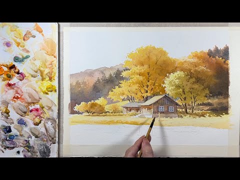 Видео: Акварельная живопись Пейзаж / Осенний пейзаж с озером