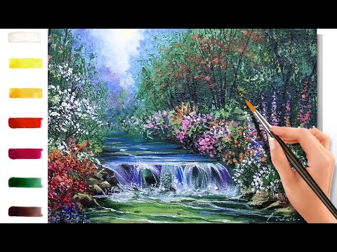 Видео: Цветник у водопада. Как нарисовать пейзаж 🎨АКРИЛ! Сезон 8-9 | Мастер-класс ДЕМО