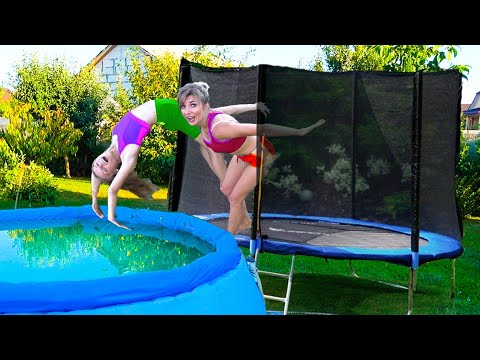 Видео: САЛЬТО и ПРЫЖКИ на батуте и в бассейн. CRAZY SHOW