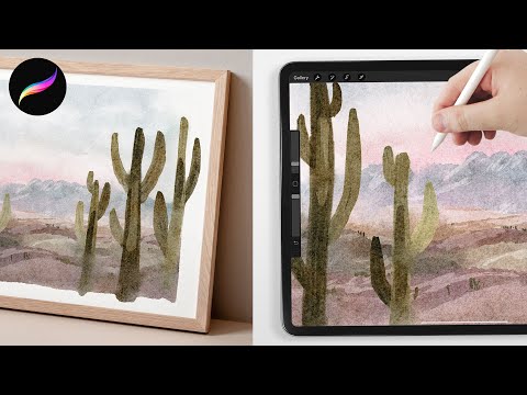 Видео: Учебное пособие по Procreate // Простой акварельный пейзаж пустыни с кактусом