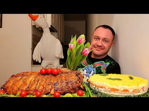 Видео: МУКБАНГ. ОБЖОР. САЛАТ МИМОЗА С ГОРБУШЕЙ, РЁБРЫШКИ ПИКАНТНЫЕ В ДУХОВКЕ. АСМР. MUKBANG. С 8-ЫМ МАРТА!