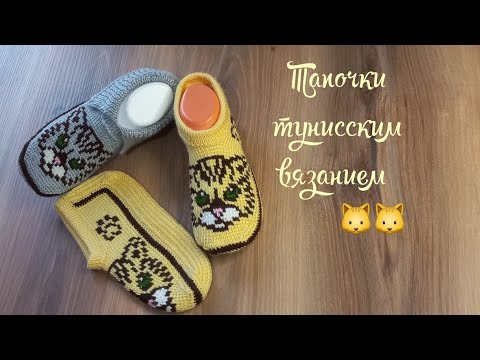 Видео: Вязаные тапочки "День кошек"🐱🐱. тунисское вязание+спицы 💛