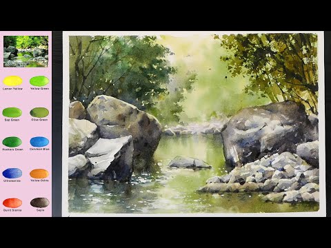 Видео: Без эскиза  Пейзаж Акварелью -  Вид на долину  (просмотр названия цвета)