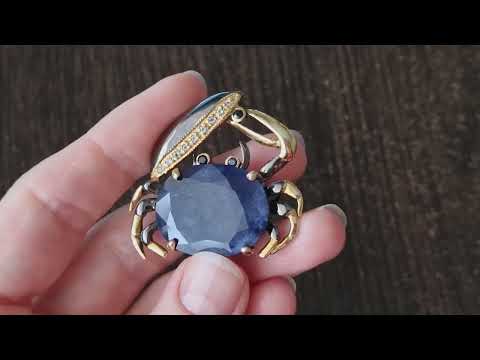 Видео: Серебряная брошь/подвеска Краб с 28-каратным сапфиром