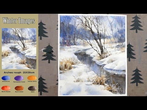 Видео: Без эскиза Пейзажная акварель - Зимние изображения (смешение цветов, Arches) NAMIL ART