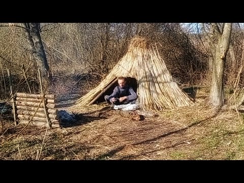 Видео: домик у реки. рыбалка. ночевка в дикой природе. еда на костре. Bushcraft