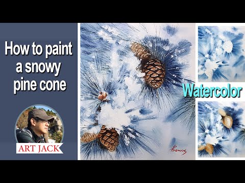 Видео: Акварель | Как нарисовать заснеженную шишку | Техника царапин | Простое руководство [ART JACK]