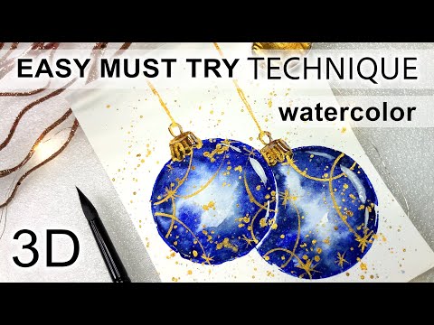 Видео: ПРОСТАЯ акварельная рождественская открытка, праздничные елочные шары, для начинающих, шаг за шагом