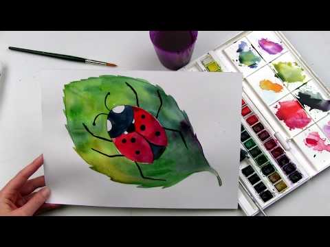 Видео: Акварель Божья коровка