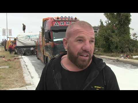 Видео: Динко от Ямбол докара три камиона в Русе заради обърнат циментовоз