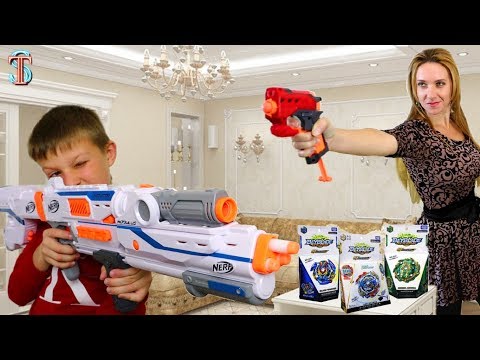 Видео: Nerf Челлендж Тима играет против мамы за новые игрушки Бейблейд 4 сезон