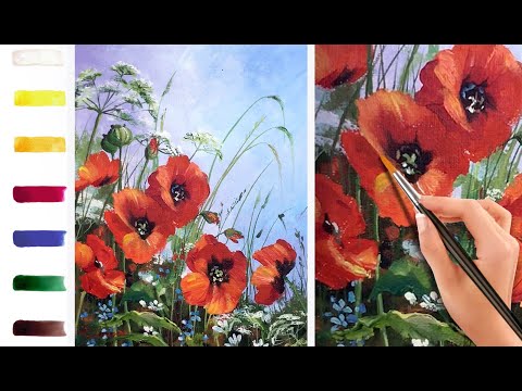 Видео: Маки и травы. Как нарисовать цветы 🎨АКРИЛ! Мастер-класс ДЕМО