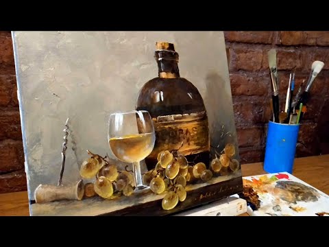 Видео: #42 Как нарисовать ВИНОГРАД. Натюрморт с бутылкой маслом. How to paint grapes  Oil painting process