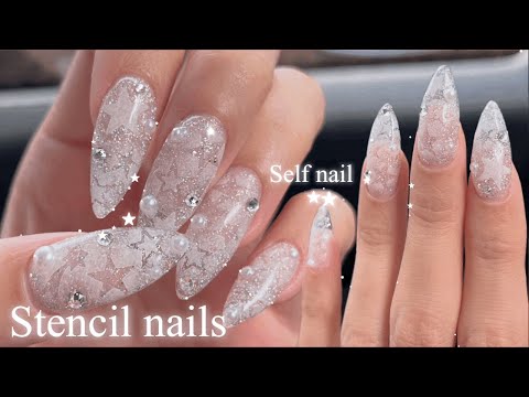 Видео: SUB)✨Bling bling✨Попробовать трафаретные ногти⭐️💫Самонаращивание, самонаращивание, Self nail