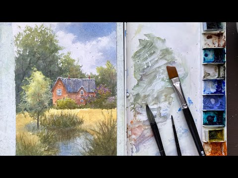 Видео: Пейзаж с домом. Рисуй со мной. Подробный мастер-класс #watercolor