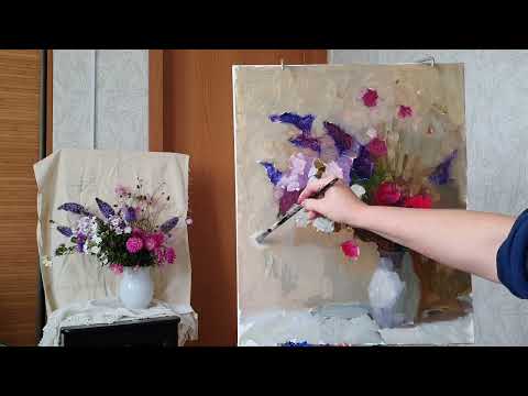 Видео: Осенний букет.Живопись маслом.  О качестве и проблемах холста.