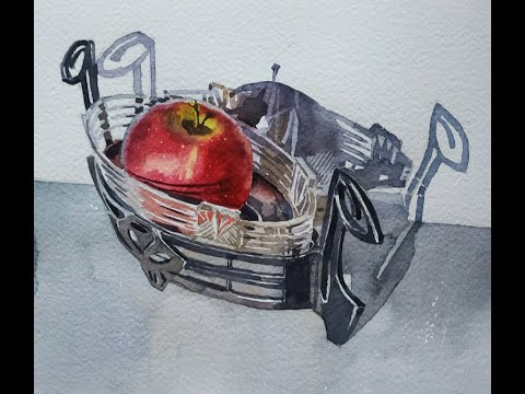 Видео: Рисуем яблоко в хрустальной вазочке. Акварель.