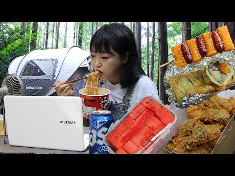 Видео: Пикник мукбанг!🏕️ жареный цыпленок, кимбап, лапша, арбуз Mukbang