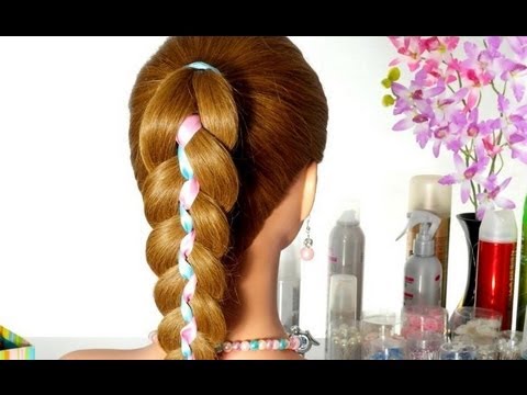 Видео: Коса из 5-ти прядей. (3+2 ленты).