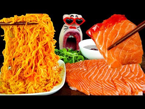 Видео: ASMR MUKBANG :) Шоу еды с лососем и острой лапшой (Bibimmyeon)!