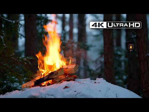 Видео: 4K 📺 Тихий зимний костер в лесу 🔥 Настоящие естественные звуки