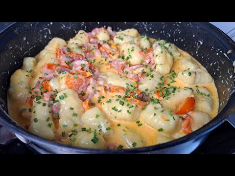 Видео: Картофельные НЬОККИ в сливочном соусе с беконом и помидорами на обед и ужин