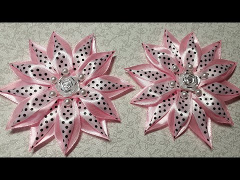 Видео: Чудесный цветок из лент и бусин. Канзаши. Kanzashi
