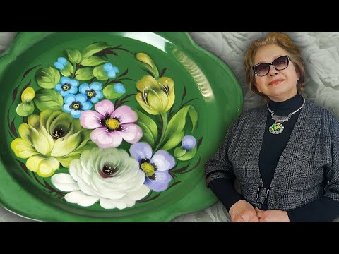 Видео: Розы. Жостовская роспись в Миниатюре. Второй слой (Выправка). Жостовский поднос с зеленым фоном