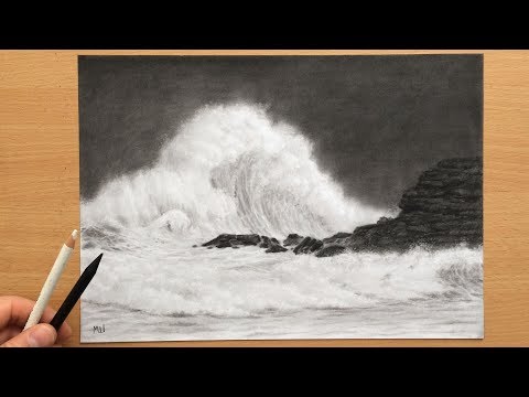 Видео: Разбивающиеся волны — морской пейзаж, рисунок углем