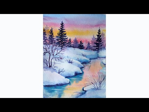 Видео: Winter landscape. River in the forest at sunset. Watercolor / Зимний пейзаж. Речка в лесу. Акварель