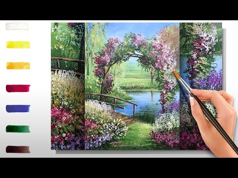 Видео: Цветочная арка. Как нарисовать пейзаж 🎨АКРИЛ! Мастер-класс ДЕМО