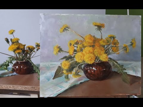 Видео: Букет одуванчиков масляными красками. Мастер-класс.