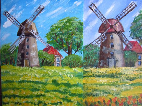 Видео: Рисуем старую мельницу//Акрил//Гуашь