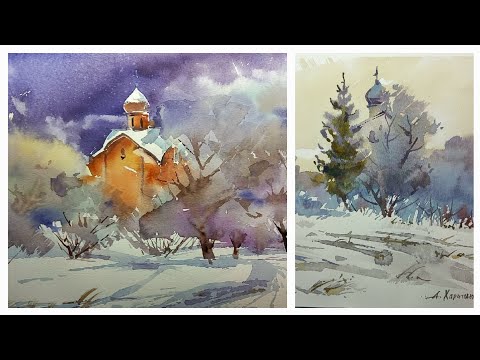 Видео: Новгородская зима, акварельный супермарафон, сразу пять зимних этюдов за один мастер-класс
