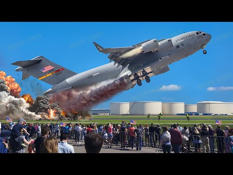 Видео: Женский экипаж пилота самолета C-17 ВВС США взлетает в экстренном порядке, направляясь на Ближний