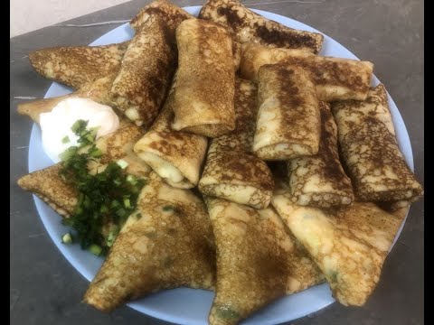 Видео: Несладкие дрожжевые блины с творожной начинкой и укропом. Блины с припёком (с кабачком, луком).