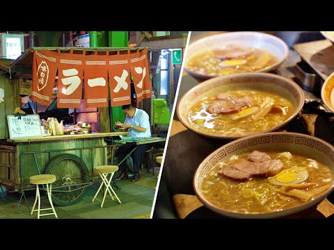 Видео: Прилавок с раменом в старинном стиле с забавным владельцем - Японская уличная еда - Токио