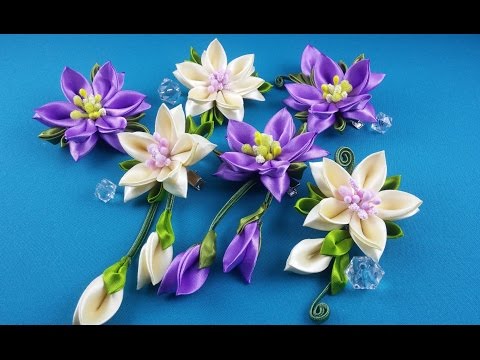 Видео: Ribbon flowers:hairpins set/Flores de cintas:conjunto de pelo clips/Цветы из лент:набор заколок.МК
