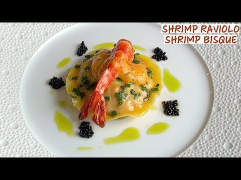 Видео: Равиоло с креветками, креветочным бисквитом, икрой, коричневым маслом с зеленым луком