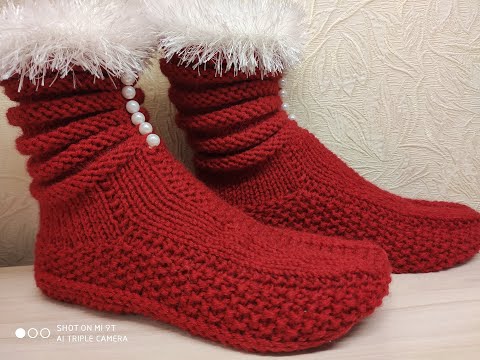 Видео: НОВОГОДНИЕ САПОЖКИ-НОСОЧКИ. Вяжем домашние тапочки.