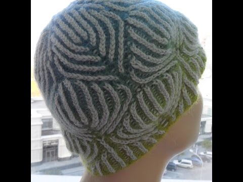 Видео: Шапка Бриошь   из Кауни " листья" (Brioche knitting cap) (Шапка #21)